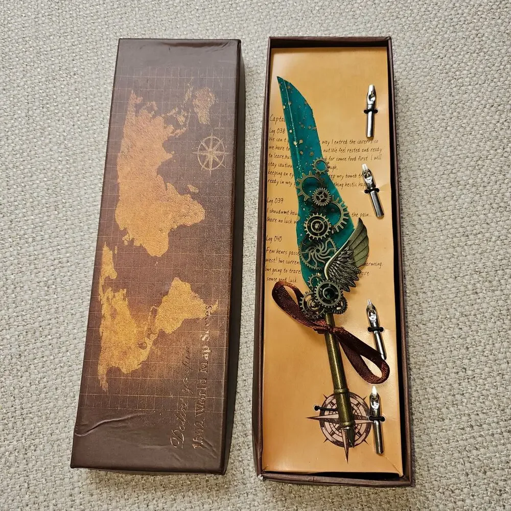 Calligraphy Turquoise Feather Pen with 5 different tips in box (smashed) - Picture 2 of 5